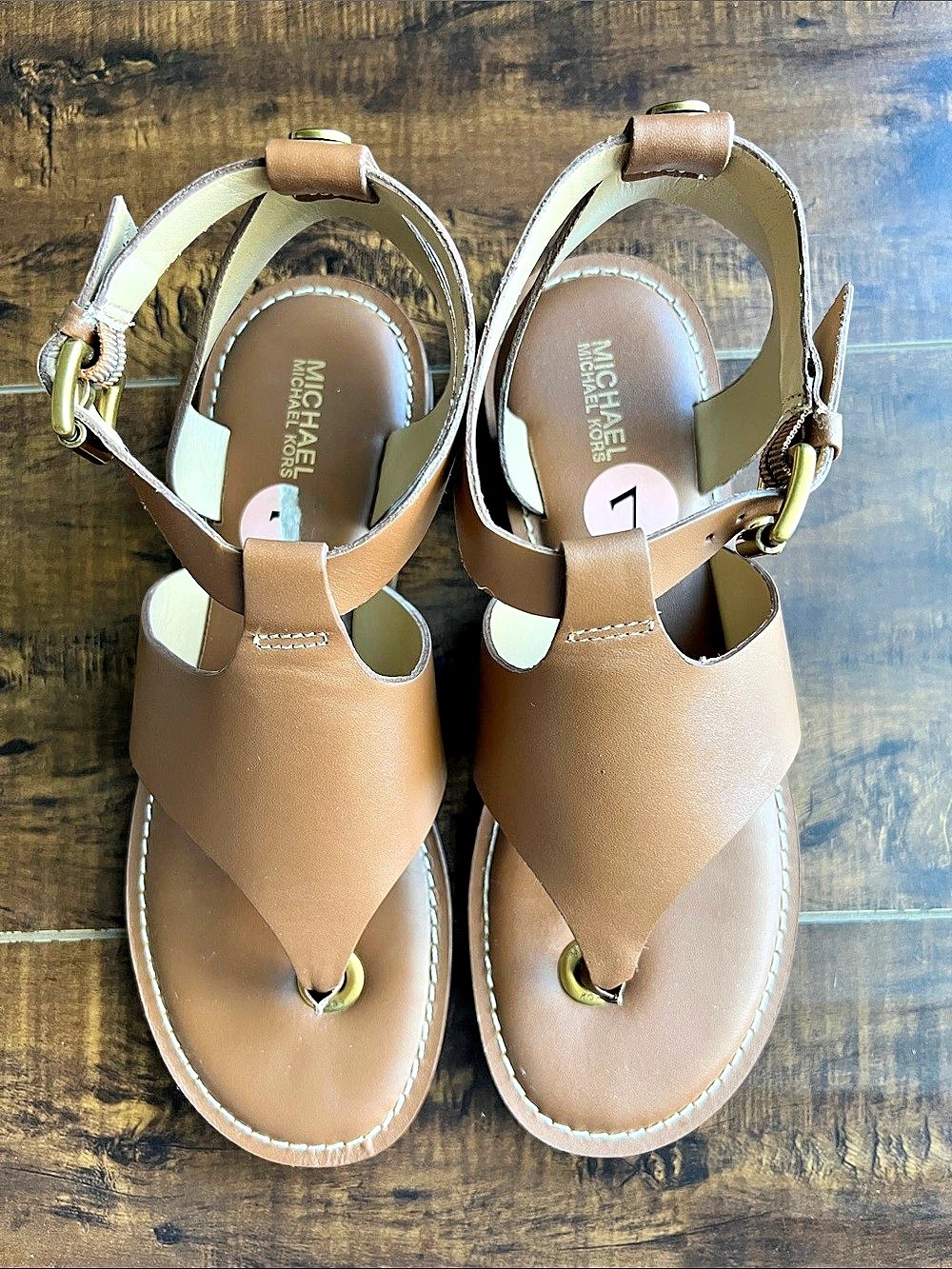Michael Kors Leather-Look T-Strap Sandals in Brown size 7